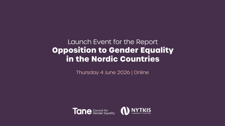 Webinar banner for the "Launch Event for the Report Opposition to Gender Equality in the Nordic Countries" showing event details online and date