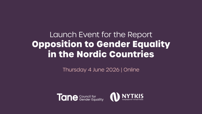 Webinar banner for the "Launch Event for the Report Opposition to Gender Equality in the Nordic Countries" showing event details online and date