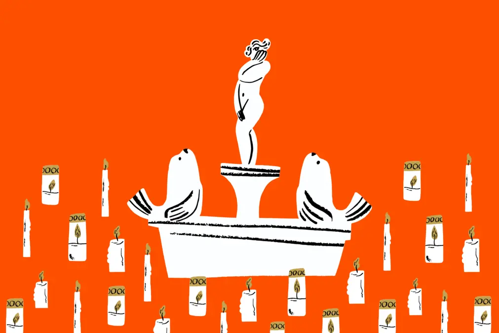Oranssilla taustalla valkoinen piirros Havis Amandan patsaasta ja kynttilöistä sen ympärillä.